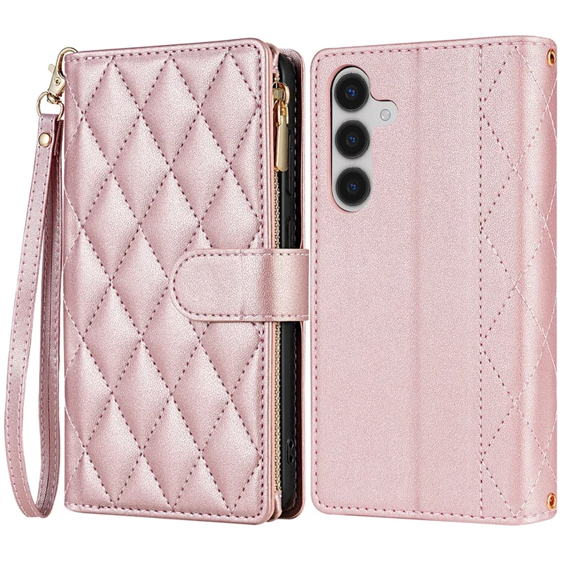 CSJ-P2 For Samsung Galaxy S24 FE Case Rhombus Stitching Leather Wallet Phone Cover with Straps - Rose Gold