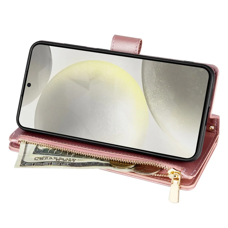CSJ-P2 For Samsung Galaxy S24 FE Case Rhombus Stitching Leather Wallet Phone Cover with Straps - Rose Gold