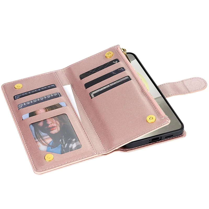 CSJ-P2 For Samsung Galaxy S24 FE Case Rhombus Stitching Leather Wallet Phone Cover with Straps - Rose Gold