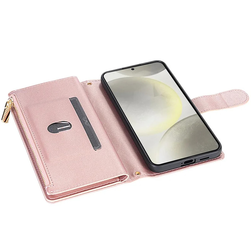 CSJ-P2 For Samsung Galaxy S24 FE Case Rhombus Stitching Leather Wallet Phone Cover with Straps - Rose Gold