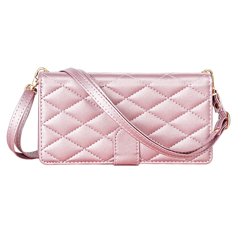 CSJ-P2 For Samsung Galaxy S24 FE Case Rhombus Stitching Leather Wallet Phone Cover with Straps - Rose Gold
