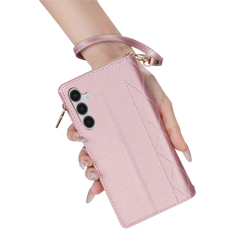 CSJ-P2 For Samsung Galaxy S24 FE Case Rhombus Stitching Leather Wallet Phone Cover with Straps - Rose Gold