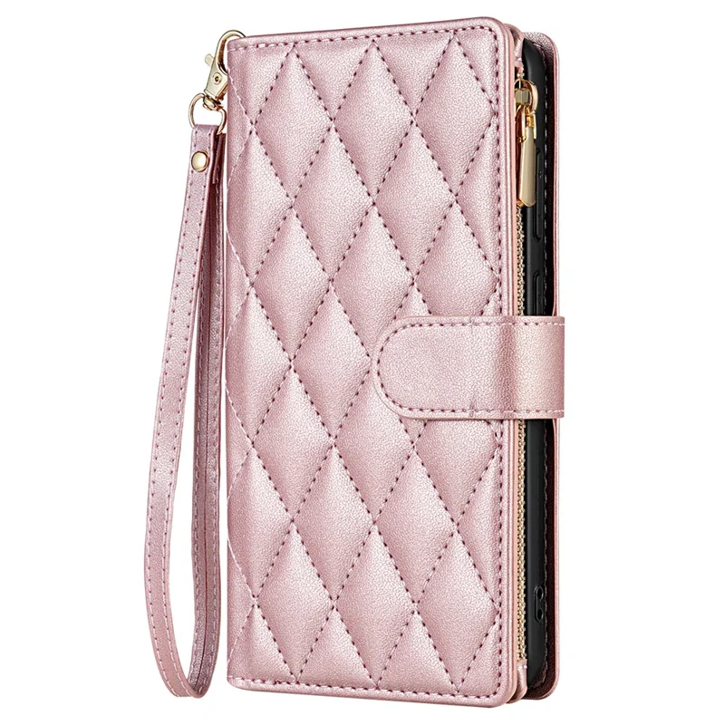 CSJ-P2 For Samsung Galaxy S24 FE Case Rhombus Stitching Leather Wallet Phone Cover with Straps - Rose Gold