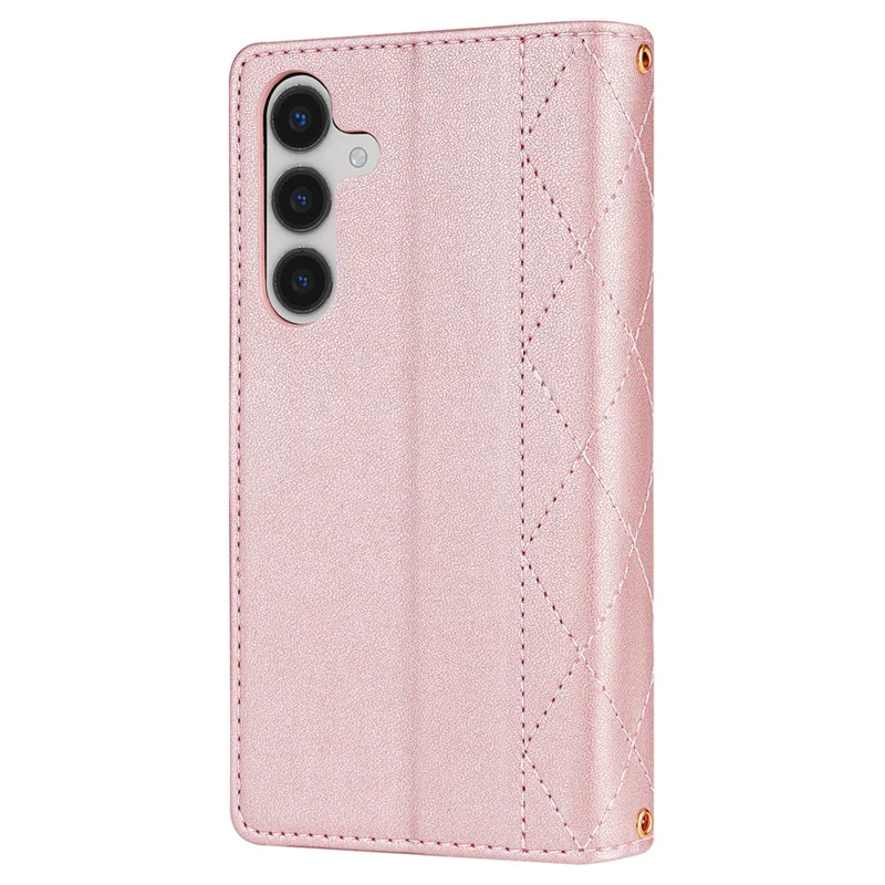 CSJ-P2 For Samsung Galaxy S24 FE Case Rhombus Stitching Leather Wallet Phone Cover with Straps - Rose Gold