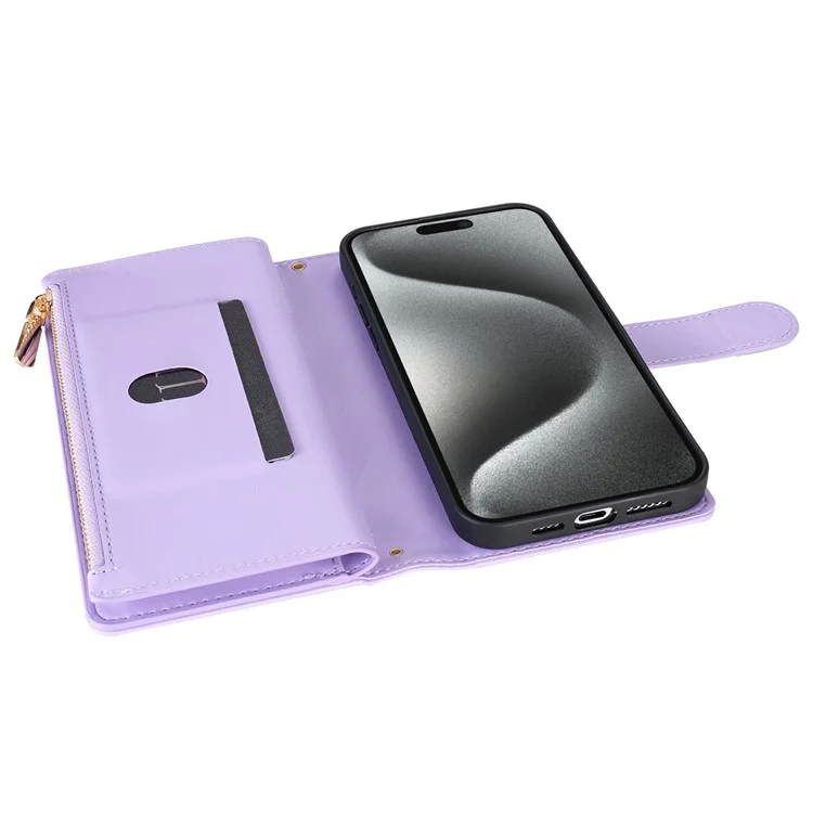 CSJ-P2 для iPhone 15 Pro Чехол-бумажник из кожи со строчкой Чехол для телефона со ремешками - Светло-фиолетовый