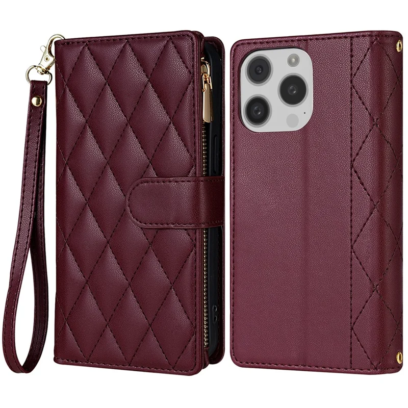 CSJ-P2 For iPhone 16 Pro Wallet Case Stitching Leather Phone Cover with Straps - Wine Red