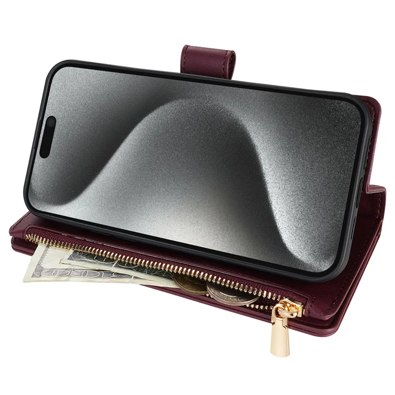 CSJ-P2 For iPhone 16 Pro Wallet Case Stitching Leather Phone Cover with Straps - Wine Red