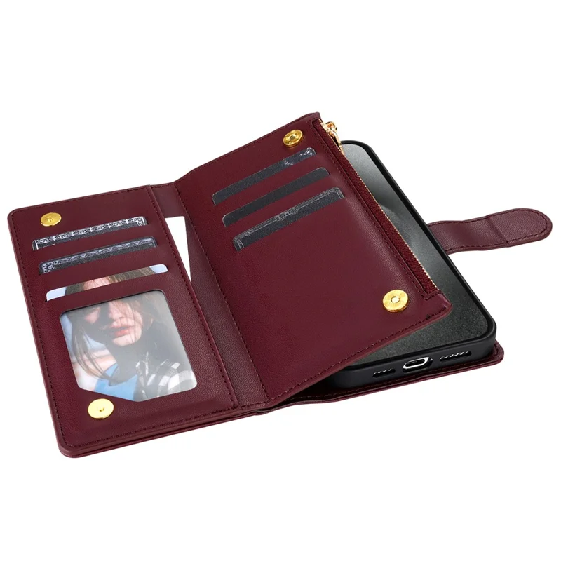 CSJ-P2 For iPhone 16 Pro Wallet Case Stitching Leather Phone Cover with Straps - Wine Red