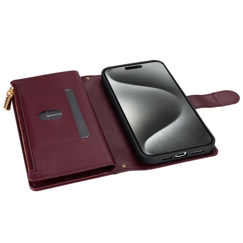 CSJ-P2 For iPhone 16 Pro Wallet Case Stitching Leather Phone Cover with Straps - Wine Red