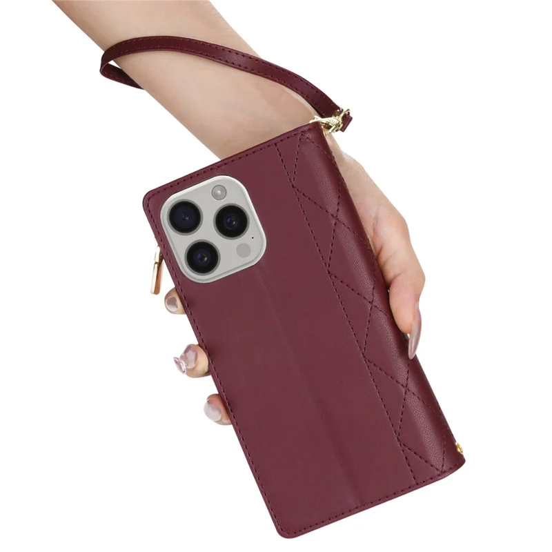 CSJ-P2 For iPhone 16 Pro Wallet Case Stitching Leather Phone Cover with Straps - Wine Red
