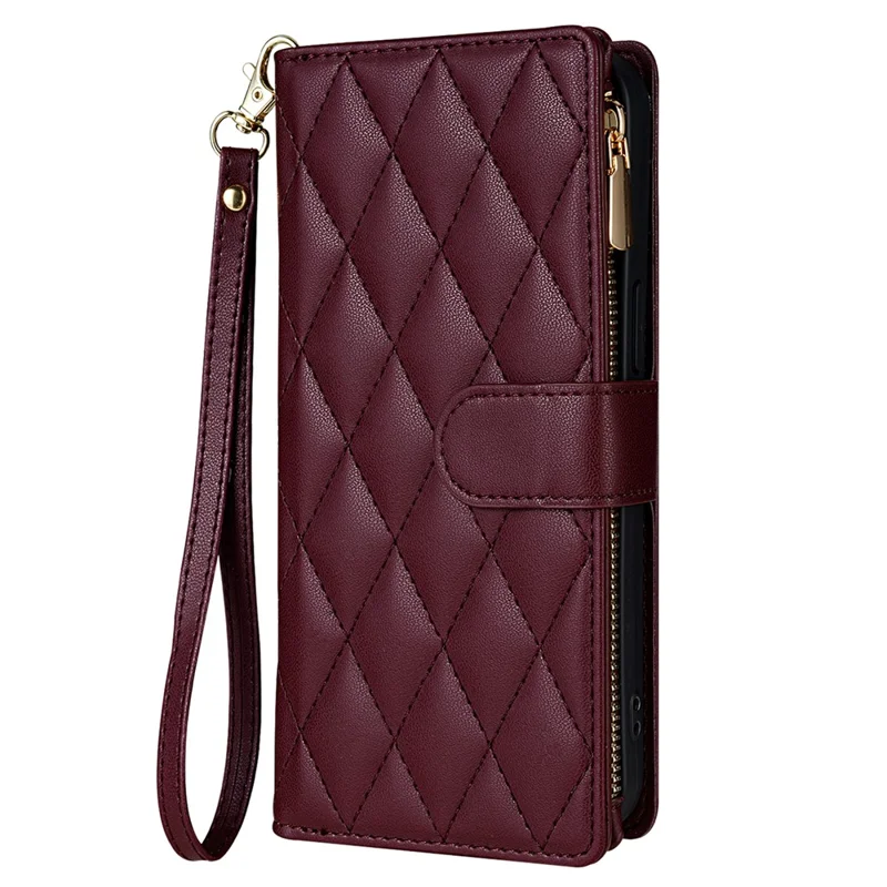 CSJ-P2 For iPhone 16 Pro Wallet Case Stitching Leather Phone Cover with Straps - Wine Red