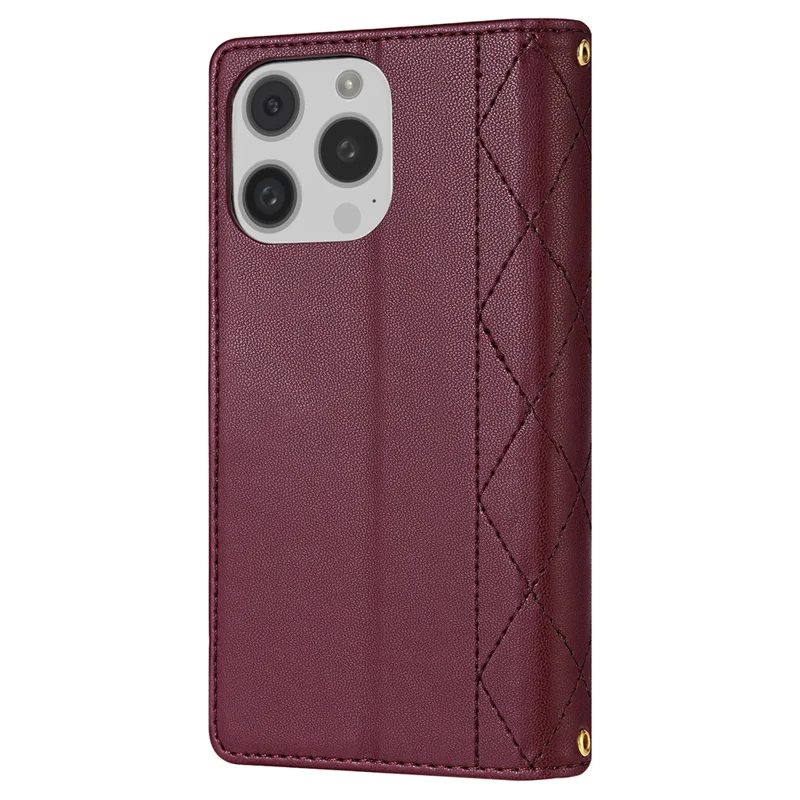 CSJ-P2 For iPhone 16 Pro Wallet Case Stitching Leather Phone Cover with Straps - Wine Red