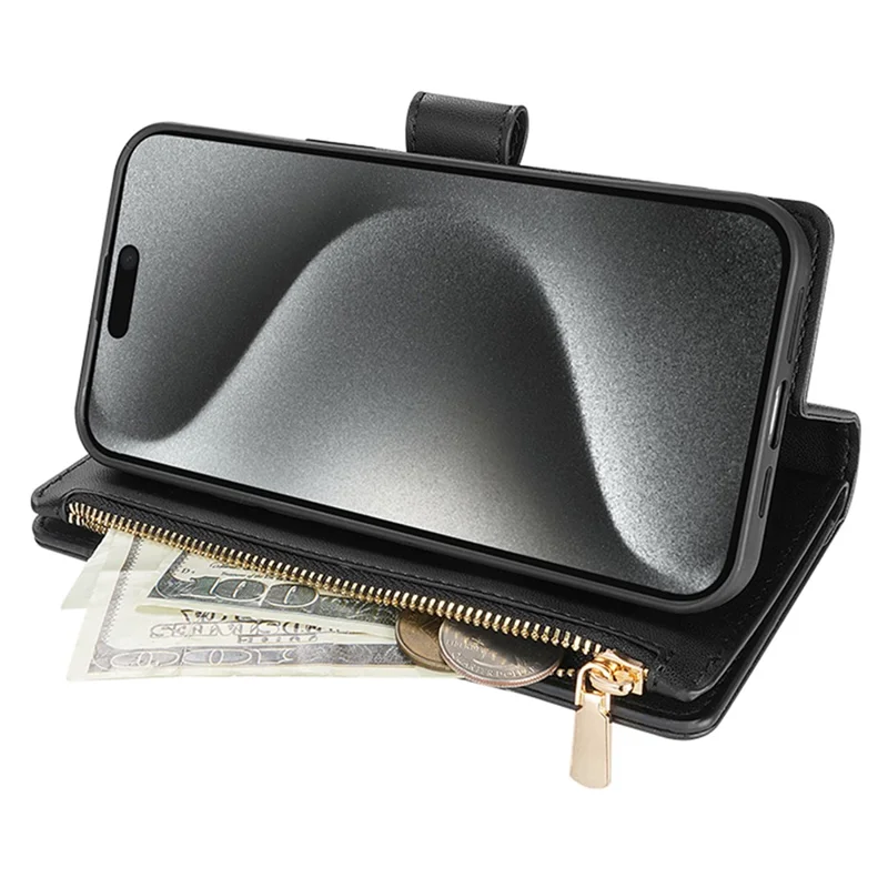 CSJ-P2 For iPhone 16 Pro Wallet Case Stitching Leather Phone Cover with Straps - Black
