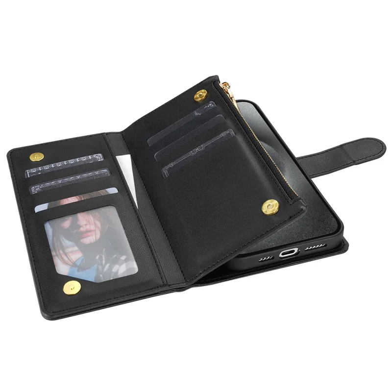 CSJ-P2 For iPhone 16 Pro Wallet Case Stitching Leather Phone Cover with Straps - Black