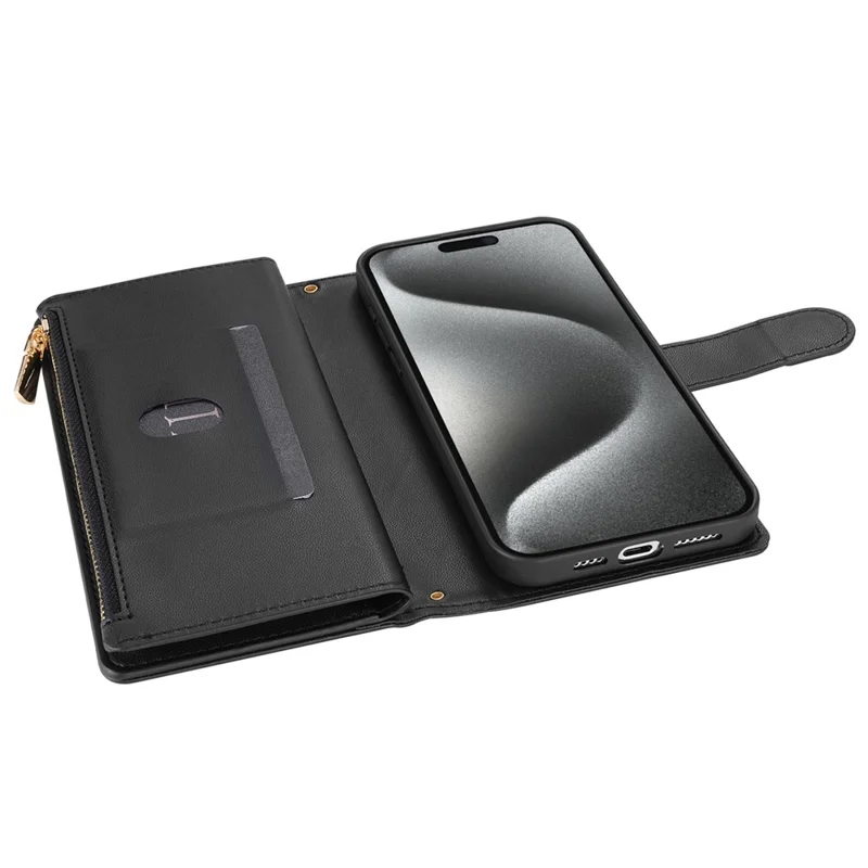 CSJ-P2 For iPhone 16 Pro Wallet Case Stitching Leather Phone Cover with Straps - Black