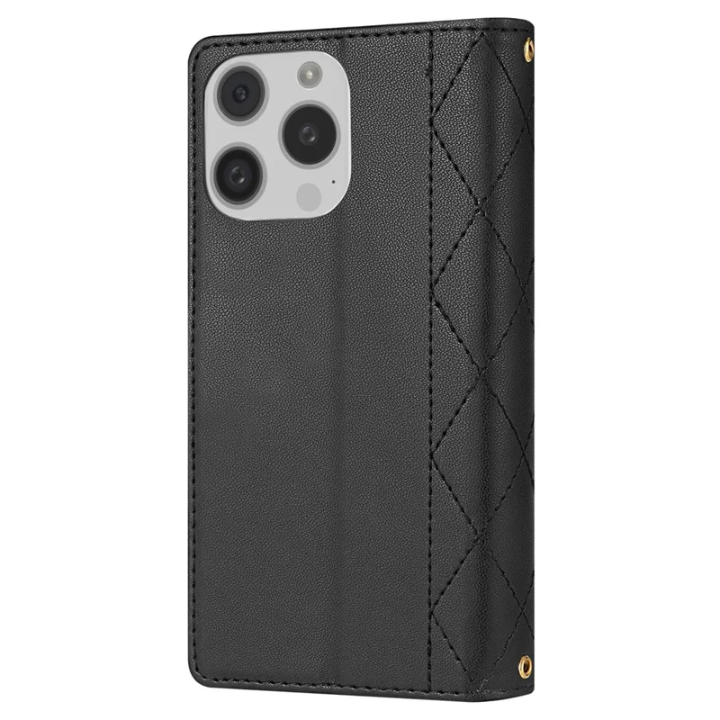 CSJ-P2 For iPhone 16 Pro Wallet Case Stitching Leather Phone Cover with Straps - Black