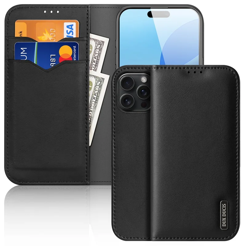 DUX DUCIS Hivo Series for iPhone 16 Pro Max Case Cowhide Leather RFID Blocking Wallet Cover - Black