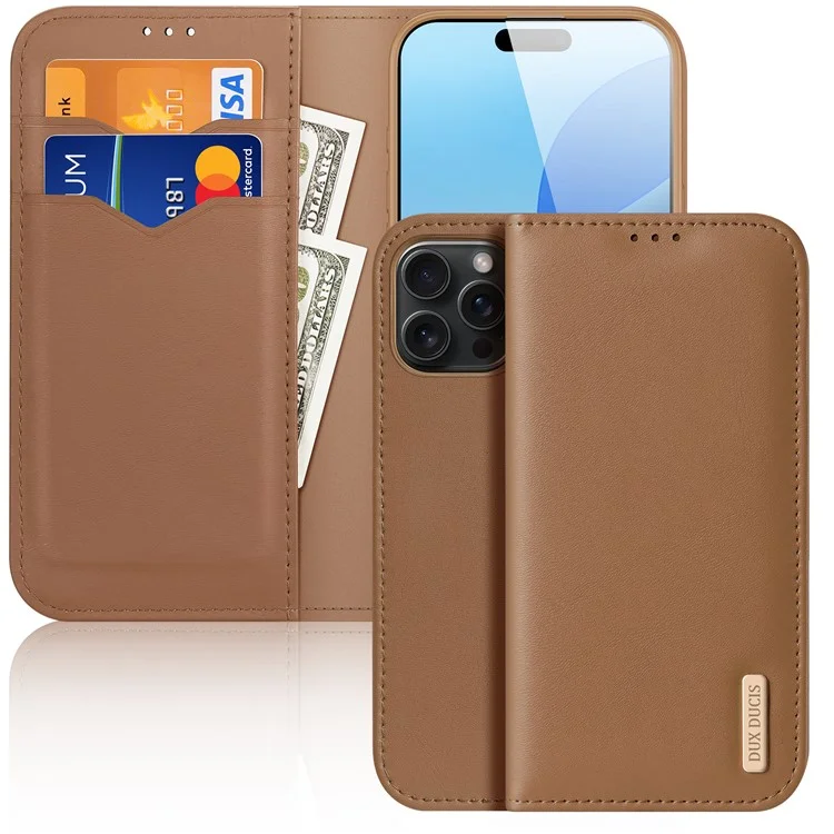 DUX DUCIS Hivo Series para Capa de iPhone 16 Pro Cowhide Leather Wallet Phone Cover Stand View - Marrom