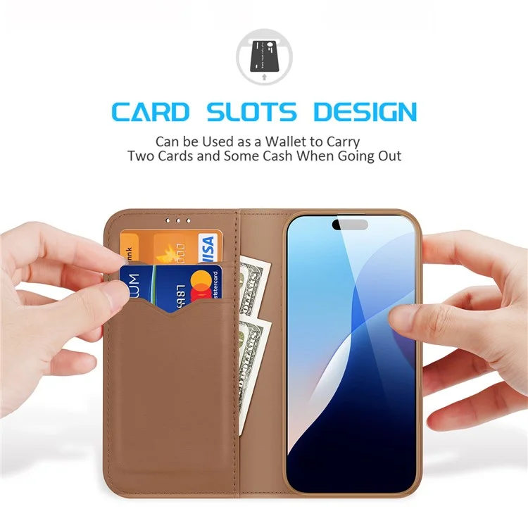 DUX DUCIS Hivo Series para Capa de iPhone 16 Pro Cowhide Leather Wallet Phone Cover Stand View - Marrom
