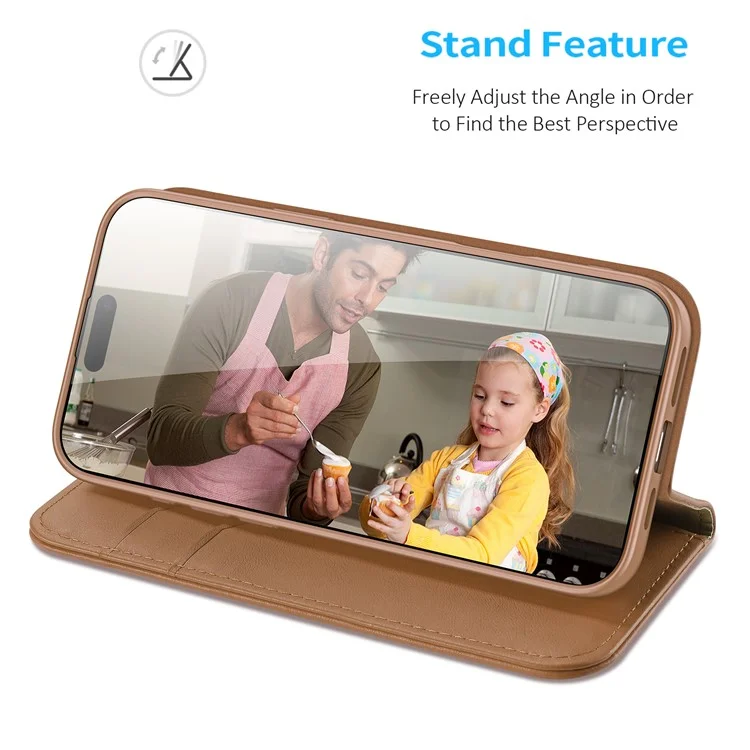 DUX DUCIS Hivo Series para Capa de iPhone 16 Pro Cowhide Leather Wallet Phone Cover Stand View - Marrom