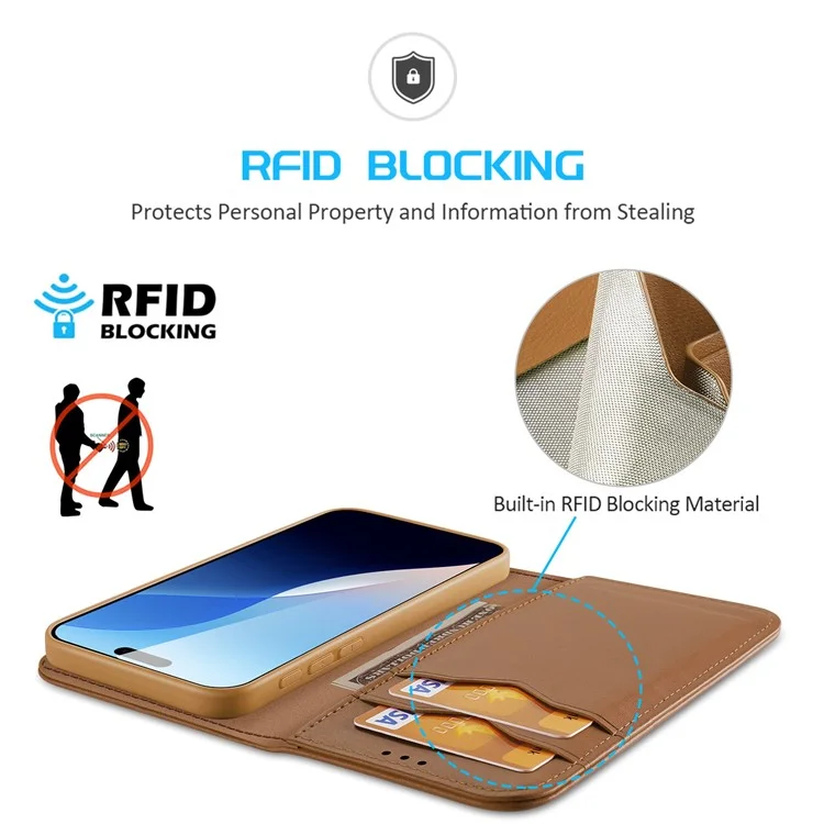 DUX DUCIS Hivo Series para Capa de iPhone 16 Pro Cowhide Leather Wallet Phone Cover Stand View - Marrom