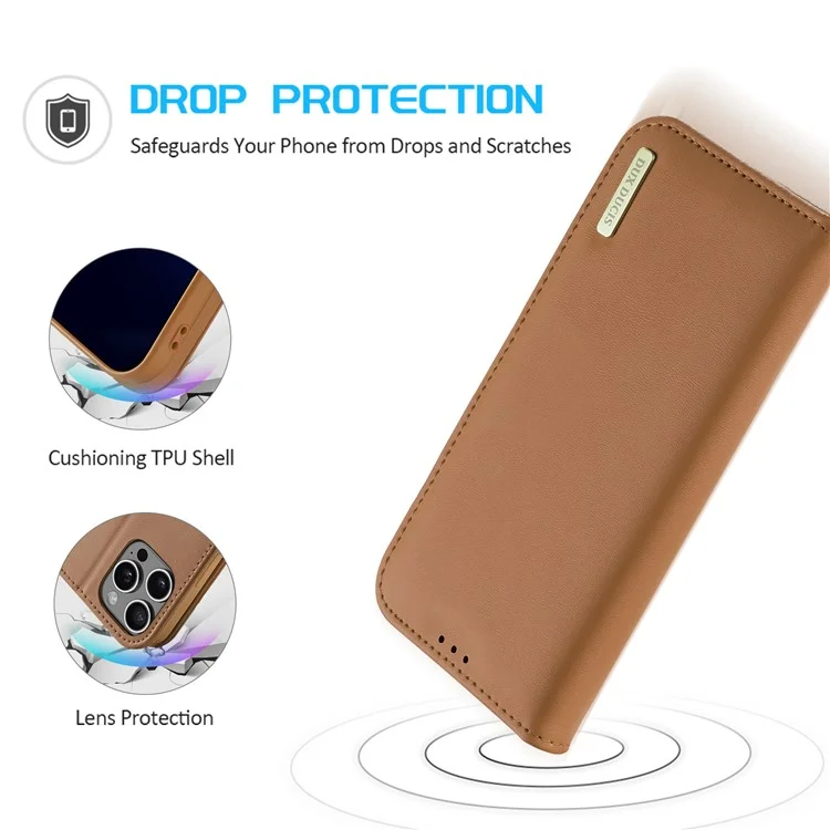 DUX DUCIS Hivo Series para Capa de iPhone 16 Pro Cowhide Leather Wallet Phone Cover Stand View - Marrom