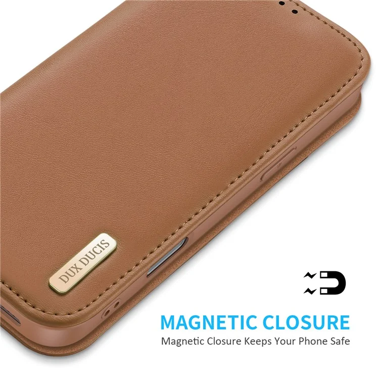 DUX DUCIS Hivo Series para Capa de iPhone 16 Pro Cowhide Leather Wallet Phone Cover Stand View - Marrom