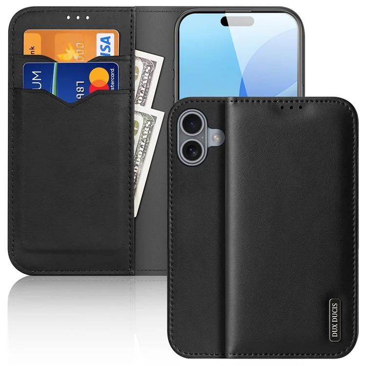 DUX DUCIS Hivo Series para Caso iPhone 16 Cowhide Leather Wallet Stand Flip Phone Cover - Preto