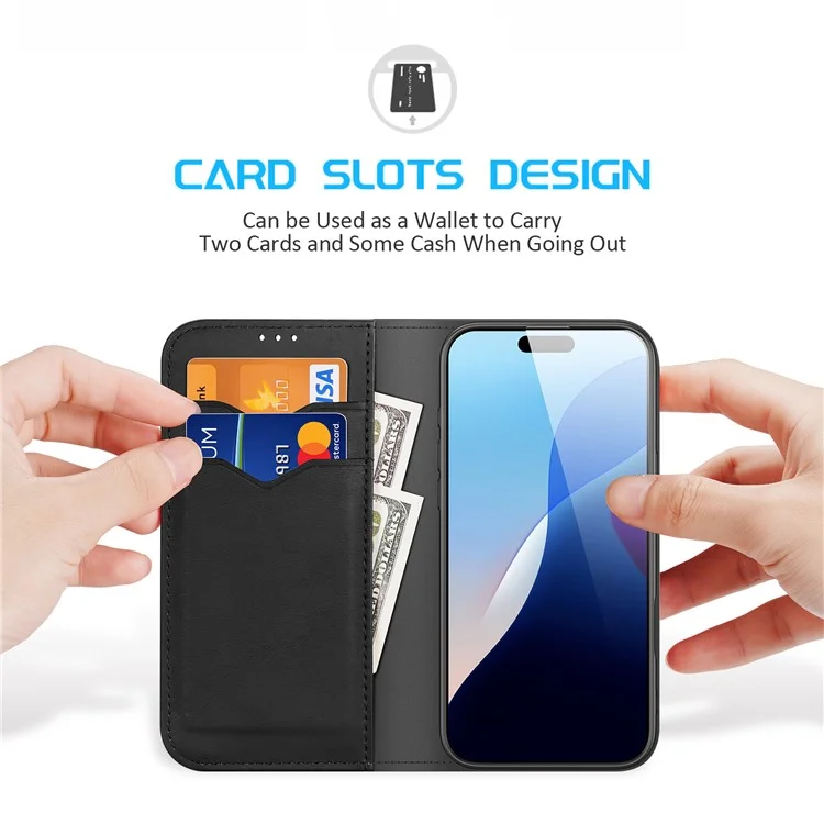 DUX DUCIS Hivo Series para Caso iPhone 16 Cowhide Leather Wallet Stand Flip Phone Cover - Preto