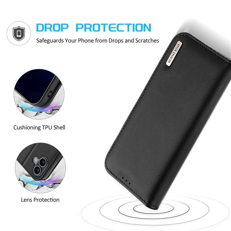 DUX DUCIS Hivo Series para Caso iPhone 16 Cowhide Leather Wallet Stand Flip Phone Cover - Preto
