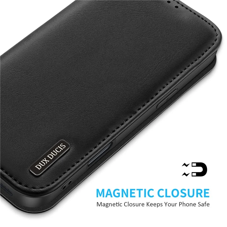 DUX DUCIS Hivo Series para Caso iPhone 16 Cowhide Leather Wallet Stand Flip Phone Cover - Preto