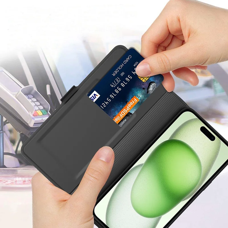 For iPhone 16 Case Card Holder PU Leather Full Protection Phone Cover - Black
