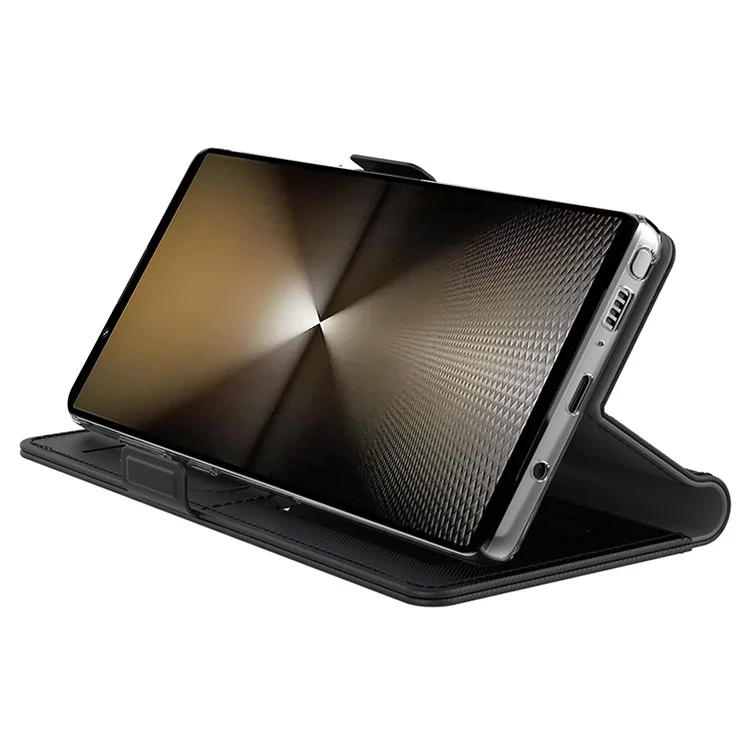 Funda con vista espejada y soporte para Sony Xperia 1 VI - Piel sintética negra
