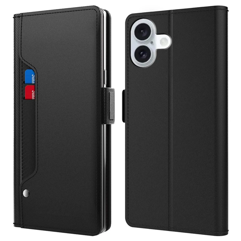 For iPhone 16 Plus Case Magnetic Clasp Protect PU Leather Mirror Phone Cover - Black