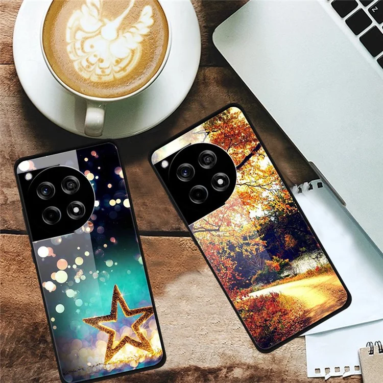 For OnePlus 12R 5G / Ace 3 5G Phone Case Pattern Printing Anti-Drop PC+Tempered Glass+TPU Cover - Platinum Black Grain