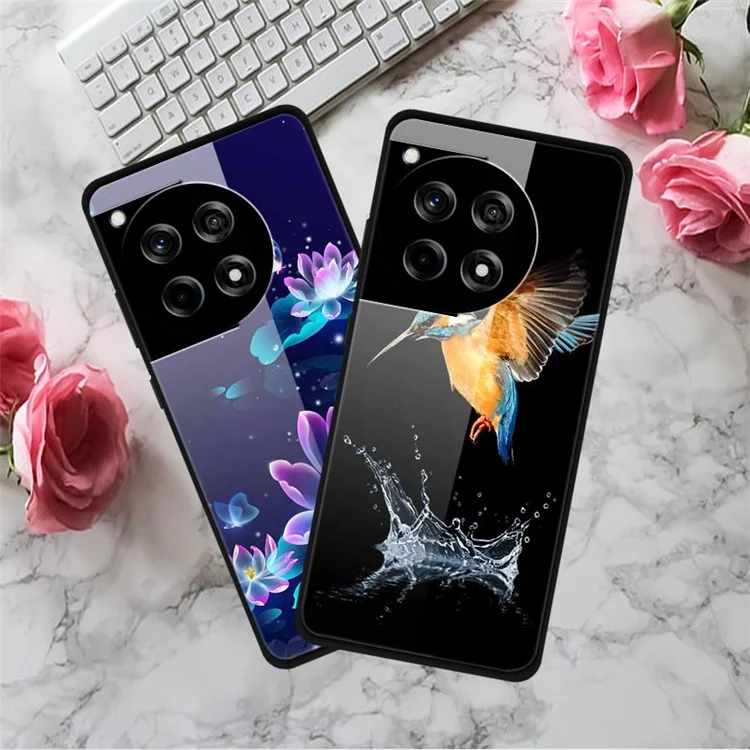 For OnePlus 12R 5G / Ace 3 5G Phone Case Pattern Printing Anti-Drop PC+Tempered Glass+TPU Cover - Platinum Black Grain