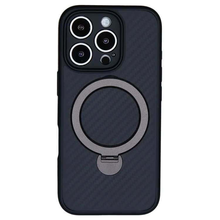 Für iPhone 16 Pro Case Carbon Fiber Texture TPU+PC Handyhülle mit drehbarem magnetischen Ständer