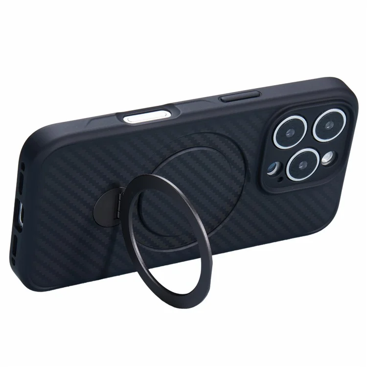 Für iPhone 16 Pro Case Carbon Fiber Texture TPU+PC Handyhülle mit drehbarem magnetischen Ständer