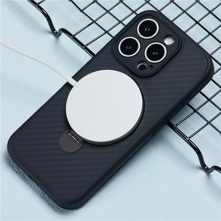 Für iPhone 16 Pro Case Carbon Fiber Texture TPU+PC Handyhülle mit drehbarem magnetischen Ständer