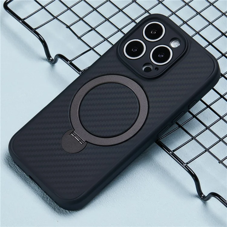 Für iPhone 16 Pro Case Carbon Fiber Texture TPU+PC Handyhülle mit drehbarem magnetischen Ständer