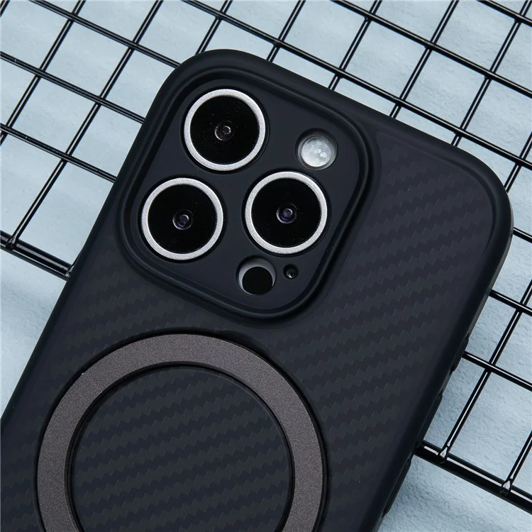 Für iPhone 16 Pro Case Carbon Fiber Texture TPU+PC Handyhülle mit drehbarem magnetischen Ständer