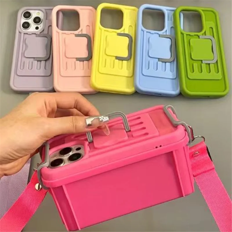 XX Series For iPhone 15 Pro Max Case Creative Storage Box PC+TPU Crossbody Cell Phone Cover - Pink