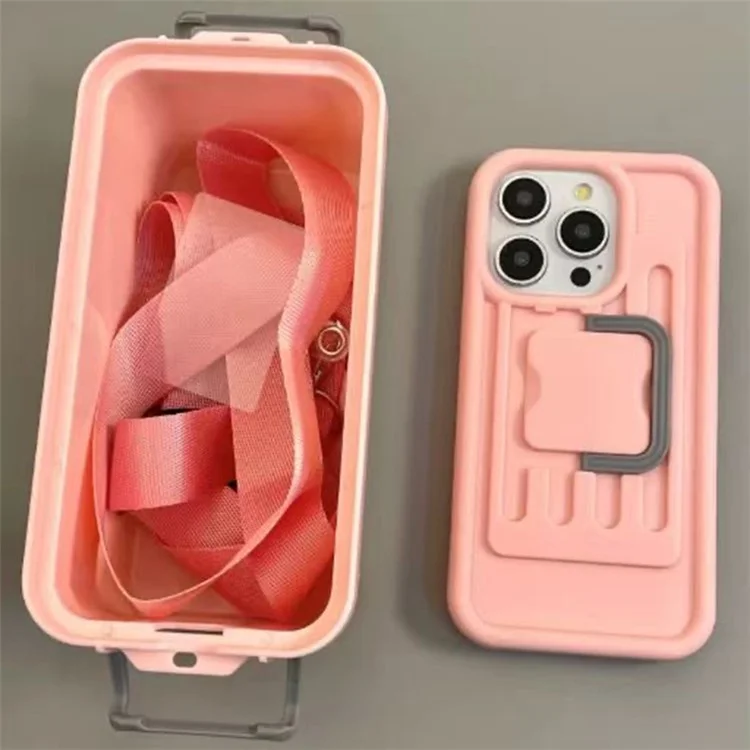 XX Series For iPhone 16 Pro Max Case Candy Color Storage Box PC+TPU Phone Cover with Crossbody Strap - Pink