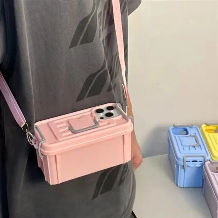 XX Series For iPhone 16 Pro Max Case Candy Color Storage Box PC+TPU Phone Cover with Crossbody Strap - Pink