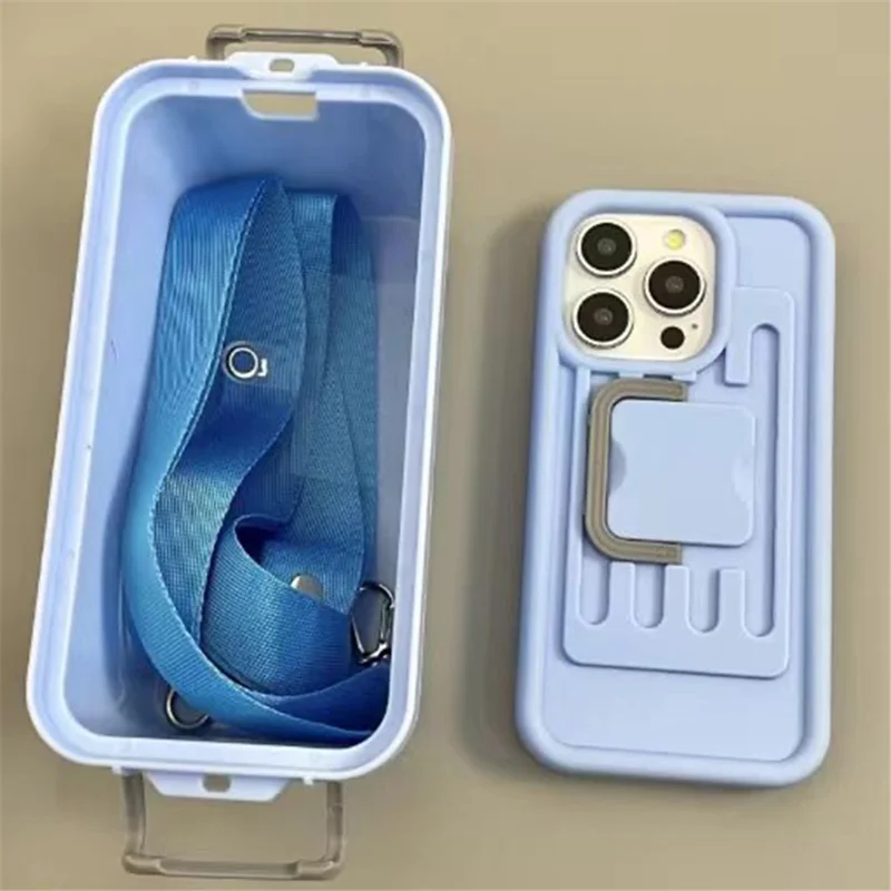 XX Series For iPhone 16 Pro Max Case Candy Color Storage Box PC+TPU Phone Cover with Crossbody Strap - Blue