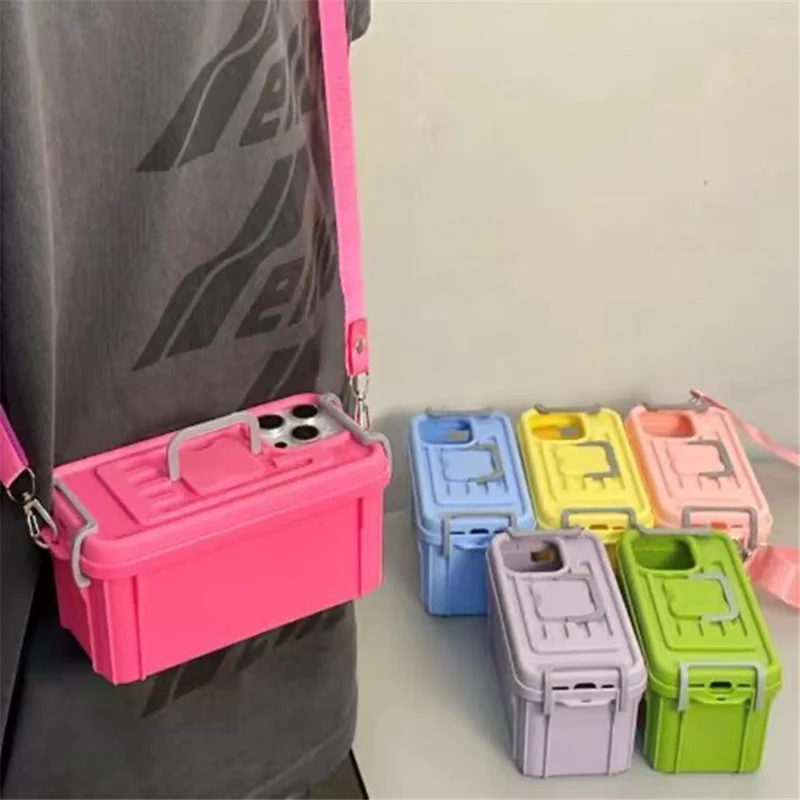 XX Series For iPhone 16 Pro Max Case Candy Color Storage Box PC+TPU Phone Cover with Crossbody Strap - Blue