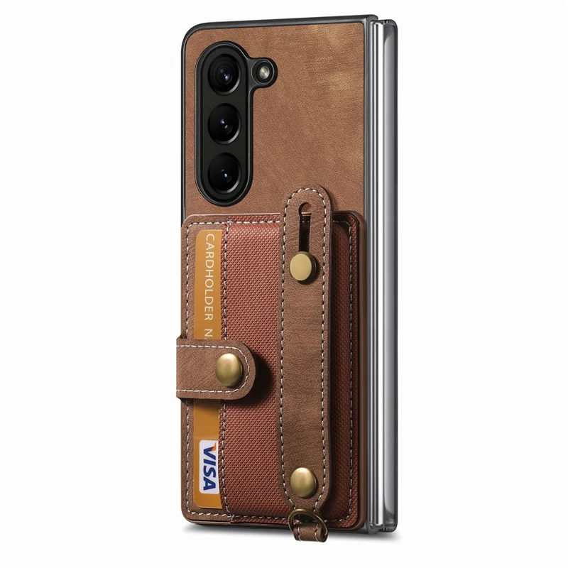 For Samsung Galaxy Z Fold6 5G Case Card Holder Wristband Leather+PC Cover with Strap - Brown