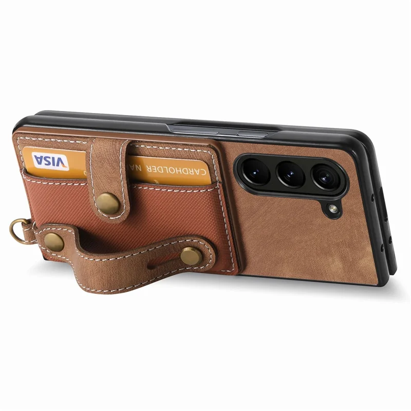 For Samsung Galaxy Z Fold6 5G Case Card Holder Wristband Leather+PC Cover with Strap - Brown