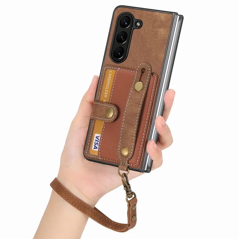 For Samsung Galaxy Z Fold6 5G Case Card Holder Wristband Leather+PC Cover with Strap - Brown