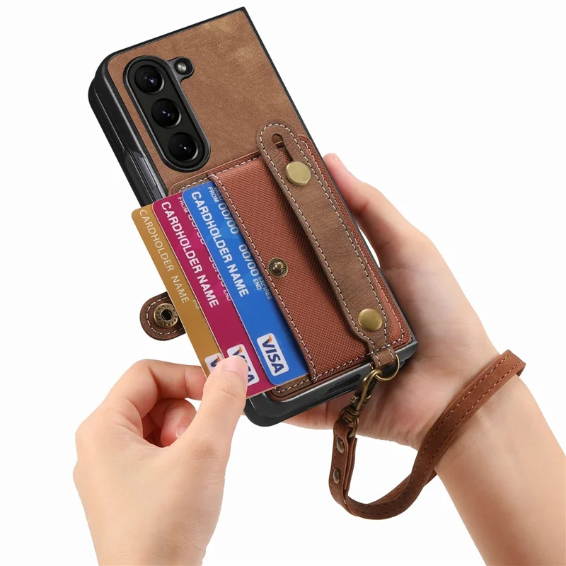 For Samsung Galaxy Z Fold6 5G Case Card Holder Wristband Leather+PC Cover with Strap - Brown